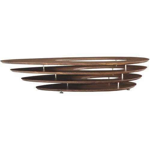 Table basse contemporaine - INTERSTICE - Ligne Roset - en noyer / avec piètement en acier chromé / triangulaire