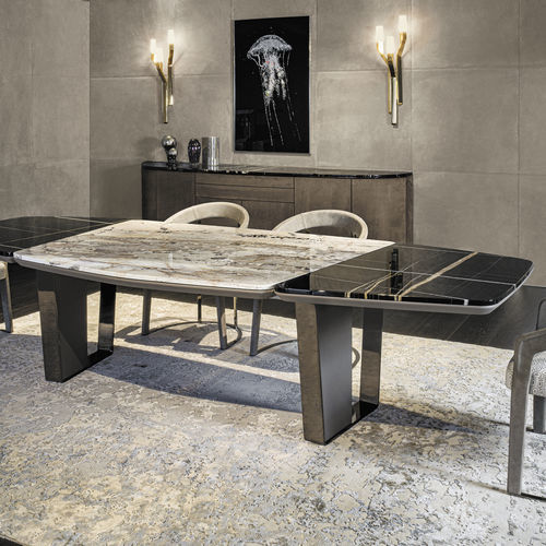 Table contemporaine - KEOPE  - LONGHI S.p.a. - en cuir / avec piètement en métal / avec piètement en noyer