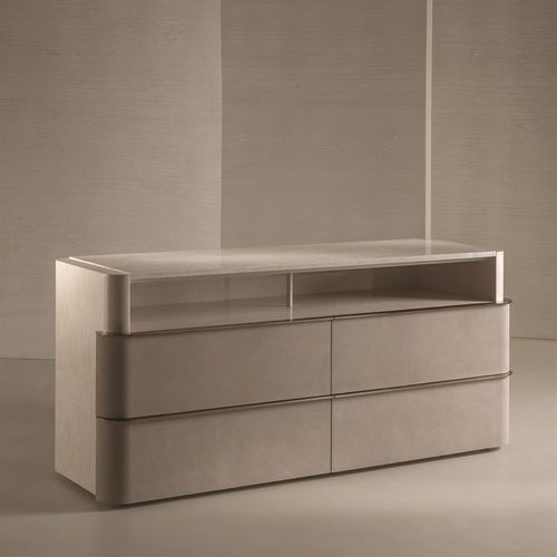 Commode contemporaine - SEAN - LONGHI S.p.a. - en métal / en cuir / en bois laqué brillant