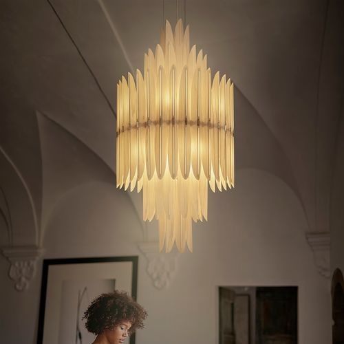 Lustre Art Déco - VOLIERE - Lzf-Lamps - en métal / plaqué bois / en plumes