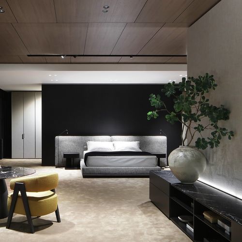 Lit double - BRERA - Poliform - contemporain / avec tête de lit tapissée / en cuir