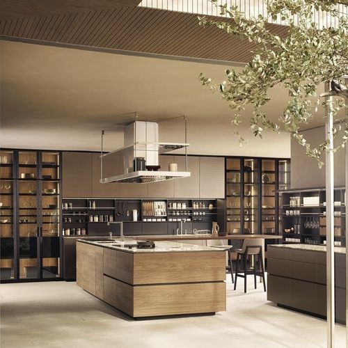 Cuisine contemporaine - ARTEX - Poliform - en chêne / en noyer américain / en verre