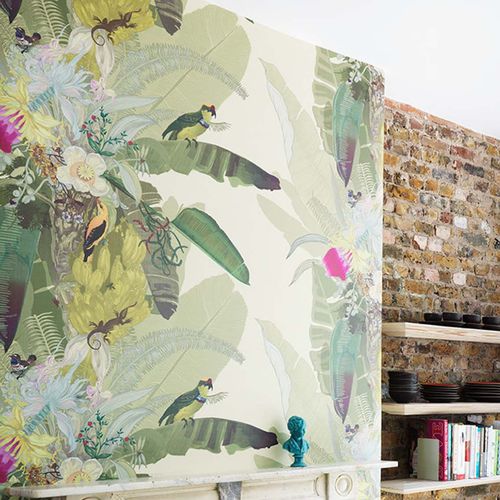 Papier peint contemporain - MERIAN PALM - Timorous Beasties - à motif floral / non tissé / ignifuge