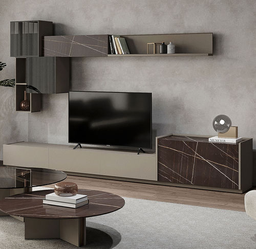Ensemble TV mural contemporain - RUBY  - NDESIGN - en bois / en marbre / avec rangement intégré