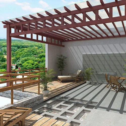 Pergola adossée - 3 - Foshan Greenzone - en bois composite / à lames brise soleil / sur mesure