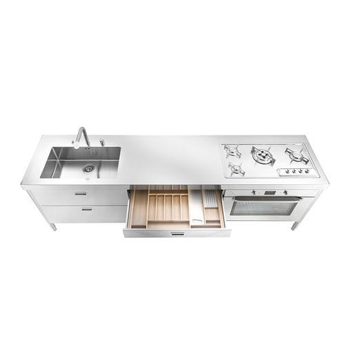 Cuisine en inox - LC280-C90+C90+F90/1 - ALPES-INOX - contemporaine / avec îlot / avec poignée intégrée