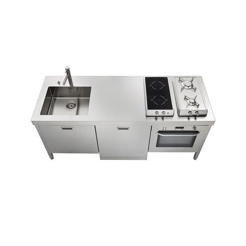 Cuisine en inox - LC190-A60+L60+F60/1 - ALPES-INOX - contemporaine / avec îlot / avec poignée intégrée