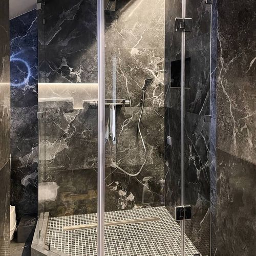 Cabine de douche multifonction - PARITET LLC - en verre / en métal / avec porte battante
