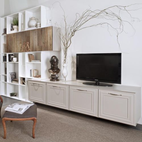 Ensemble TV mural contemporain - Pienza New Classic - ARCARI ARREDAMENTI - en bois laqué / avec étagères / avec rangement intégré