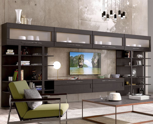 Ensemble TV mural contemporain - Positano  - ARCARI ARREDAMENTI - en noyer / en bois laqué brillant / avec étagères