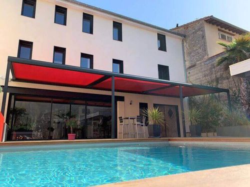 Pergola adossée - USINE-ONLINE - en aluminium extrudé / couverture en toile / couverture coulissante