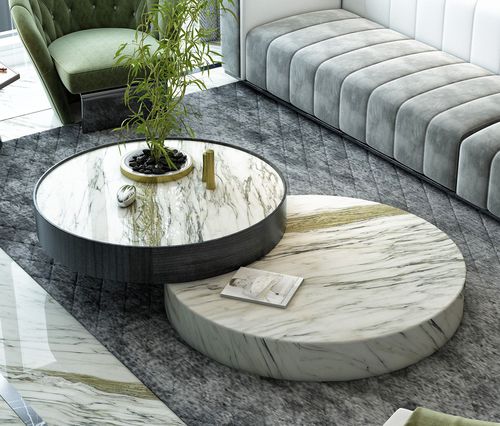 Table gigogne contemporaine - CALACATTA VERDE - PASIFIK GRANIT - en marbre / avec piètement en marbre / ronde