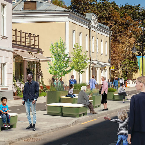 Banc public contemporain - EINGETANKT - CITY DECKS - en mélèze / en plastique recyclé / sans dossier