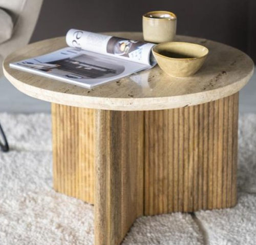 Table basse contemporaine - SARA - TRUST MOBILIER - en travertin / avec piètement en bois / ronde