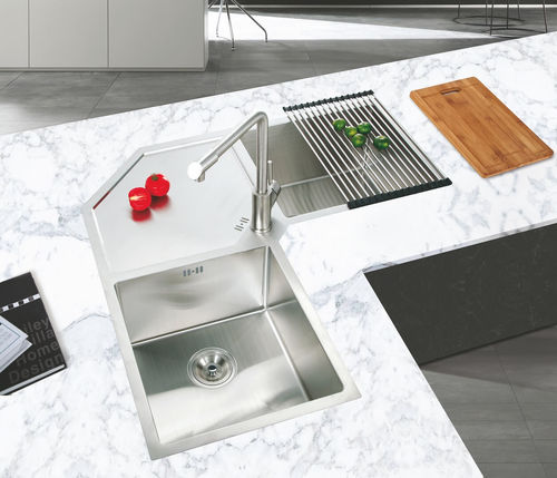 Évier 2 bacs - SI 1502R - Foshan Sunvin Ceramics CO., Ltd - avec égouttoir / en métal / monobloc