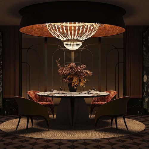 Table à manger de style - SPIRIT AND TRANQUILITY - DASH CASA GROUP CO.LTD - en laiton brossé / en cuir / en ébène