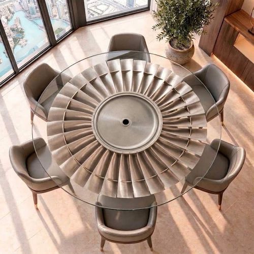 Table à manger faite de pièces d’avion - INTAKE - Skypak - design original / en verre trempé / avec piètement en acier inoxydable