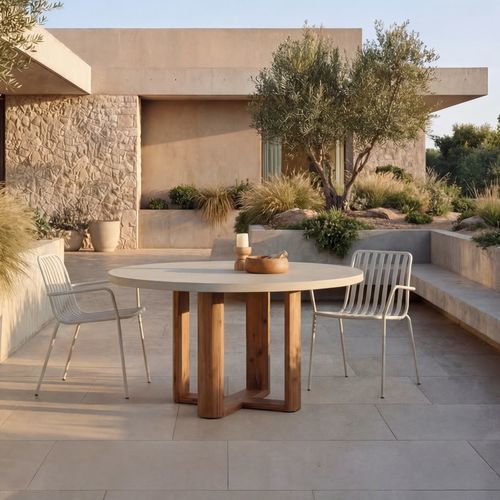 Table à manger contemporaine - ROSE MAY - TICKET FOR THE MOON - en ciment / en acacia / ronde