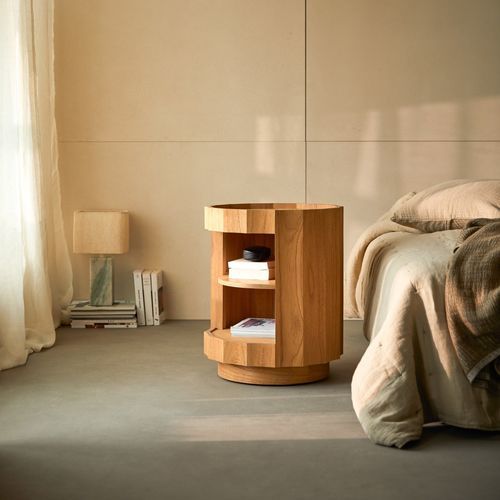 Table de chevet contemporaine - ANDR&Eacute;A - TICKET FOR THE MOON - en bois massif / ronde / avec rangement