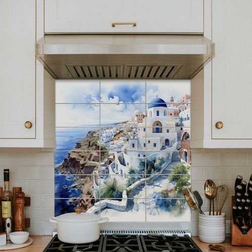 Crédence en porcelaine - SANTORINI  - Tempera Art Design - scène / personnalisable / tableau de maître