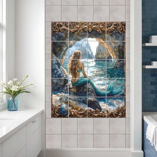 Carrelage en porcelaine - MERMAID BY THE SEA IN A CAVE - Tempera Art Design - en impression numérique / intérieur / pour zone humide