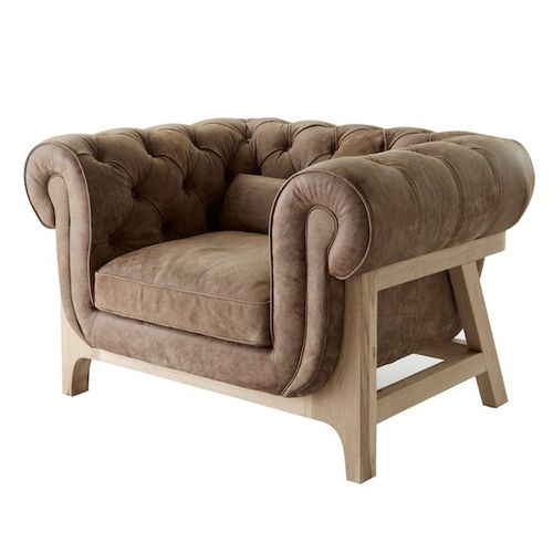 Fauteuil contemporain - COCOON CHESTERFIELD - BLEU NATURE - en cuir / en chêne