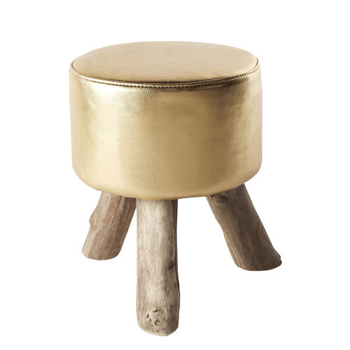 Tabouret contemporain - MOUSSE (S)  - BLEU NATURE - en cuir / avec piètement en bois / 3 pieds