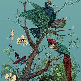 Papier peint contemporain - OISEAU DE PARADIS DROIT  - EDMOND PETIT - en textile non-tissé / à motif nature / à fleurs