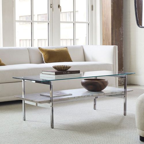 Table basse contemporaine - Ozzy - West Elm - en verre trempé / en marbre / avec piètement en métal chromé