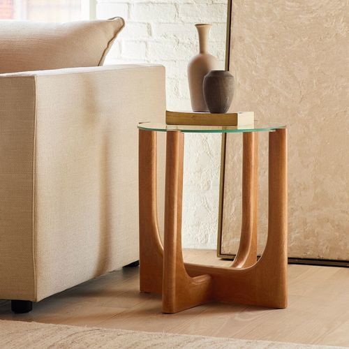 Table d'appoint contemporaine - Harper - West Elm - en verre trempé / avec piètement en bois massif / ronde
