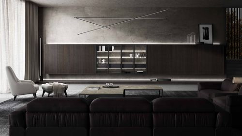 Ensemble mural de salon contemporain - DERIMADE BRANDE CURVE - MUEBLES DOCA - en chêne / en verre / pour TV