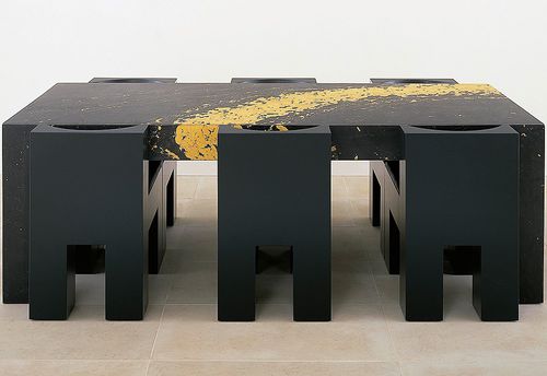 Table à manger contemporaine - X2 - DRAENERT - en pierre naturelle / avec piètement en bois laqué / rectangulaire