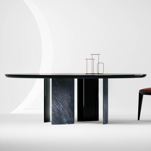 Table contemporaine - Poe - LAURAMERONI - en bois laqué brillant / en marbre / en paille