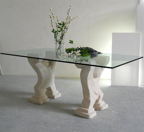 Table à manger contemporaine - OMINI - stonebreakers - en cristal / avec piètement en pierre / rectangulaire