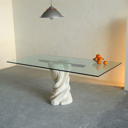 Table à manger contemporaine - Mezzaluna - stonebreakers - en cristal / avec piètement en pierre / rectangulaire