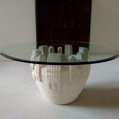 Table basse contemporaine - Gaia  - stonebreakers - en verre / avec piètement en pierre / ronde