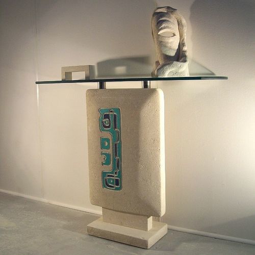 Console contemporaine - ’70 - stonebreakers - en verre / avec piètement en pierre / ovale