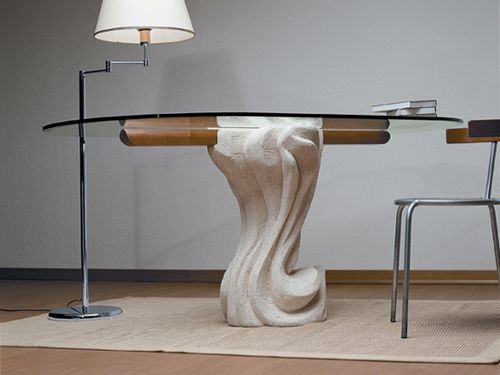 Table à manger contemporaine - Essenza - stonebreakers - en cristal / avec piètement en cerisier / avec piètement en pierre