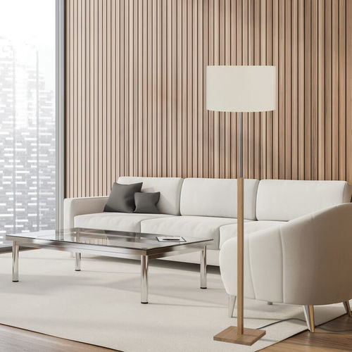 Lampe sur pied - BAMBOU - BROSSIER SADERNE - en métal chromé / en lin / en chêne naturel