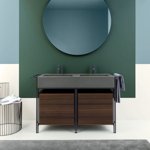 Meuble vasque double - NARCISO DOPPIO - CEMENTO  MATT BLACK  EUCALIPTO - Ceramica Cielo - à poser / en bois / en céramique