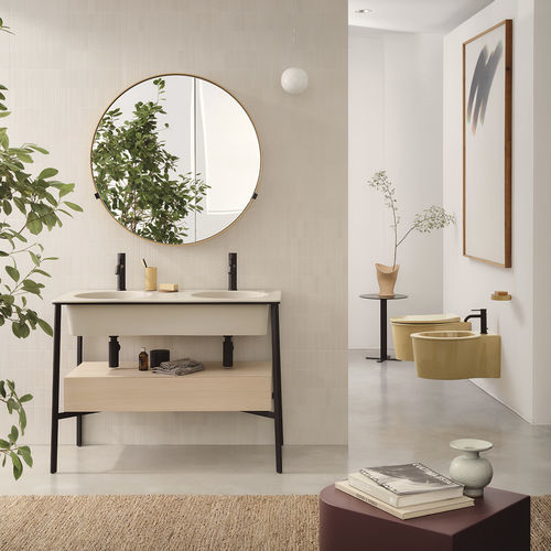 Meuble vasque double - CATINO - LINO/ROVERE SBIANCATO - ANEMONE - Ceramica Cielo - à poser / en bois laqué / en céramique