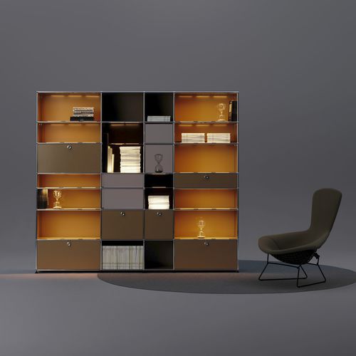 Étagère contemporaine - USM Haller E - USM Modular Furniture - en métal / en verre / lumineuse