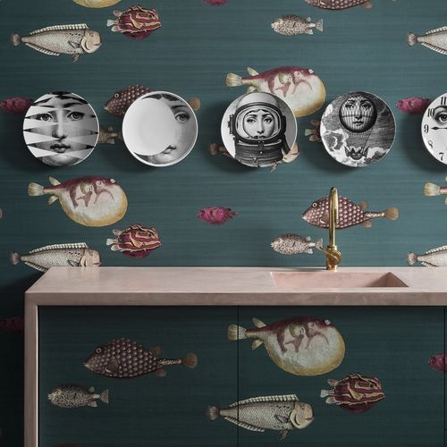 Papier peint classique - Acquario - Cole&Son - en tissu / à motif animalier / bleu