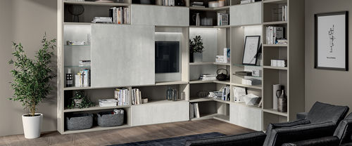 Ensemble TV mural contemporain - LIVING LIBERAMENTE - SCAVOLINI - en bois laqué / en placage de bois / en verre