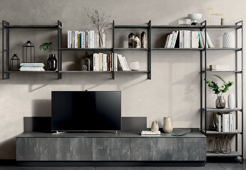 Ensemble TV mural contemporain - LIVING MOOD - SCAVOLINI - en bois laqué / en verre laqué / en tôle