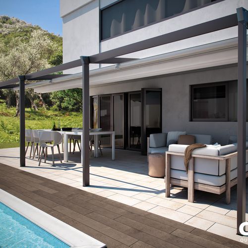 Pergola adossée - PERGOTENDA® PALLADIA® - Corradi - en aluminium / en acier inoxydable / couverture coulissante
