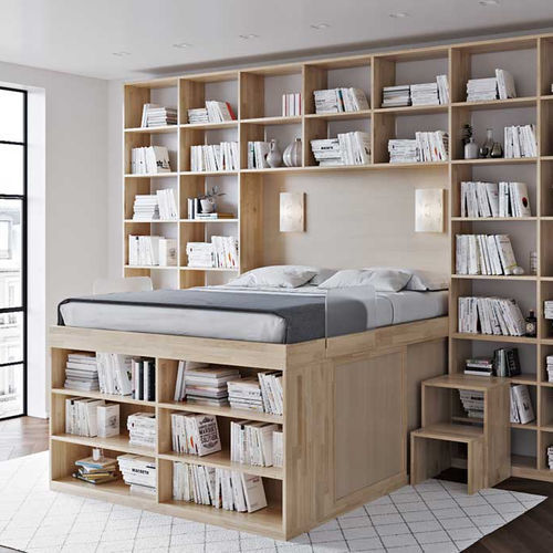 Lit double - BOOKCASE 3 LEVELS - Cinius - simple / contemporain / avec base de rangement