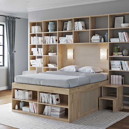 Lit double - BOOKCASE 2 LEVELS - Cinius - simple / contemporain / avec base de rangement