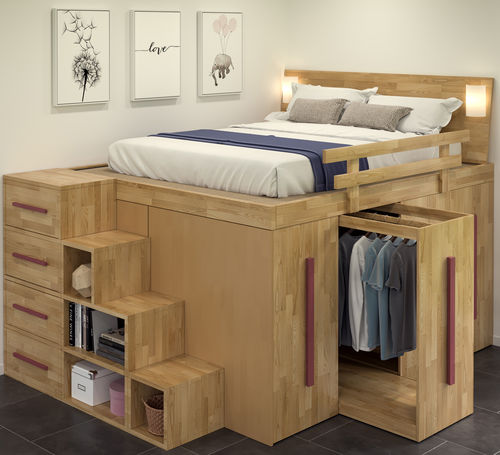 Lit double - Spazio - Cinius - contemporain / avec tête de lit / avec base de rangement