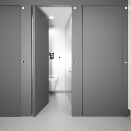 Cabine sanitaire en HPL - FLOW TOUCHLESS - Thrislington Cubicles - en verre / en bois / en métal